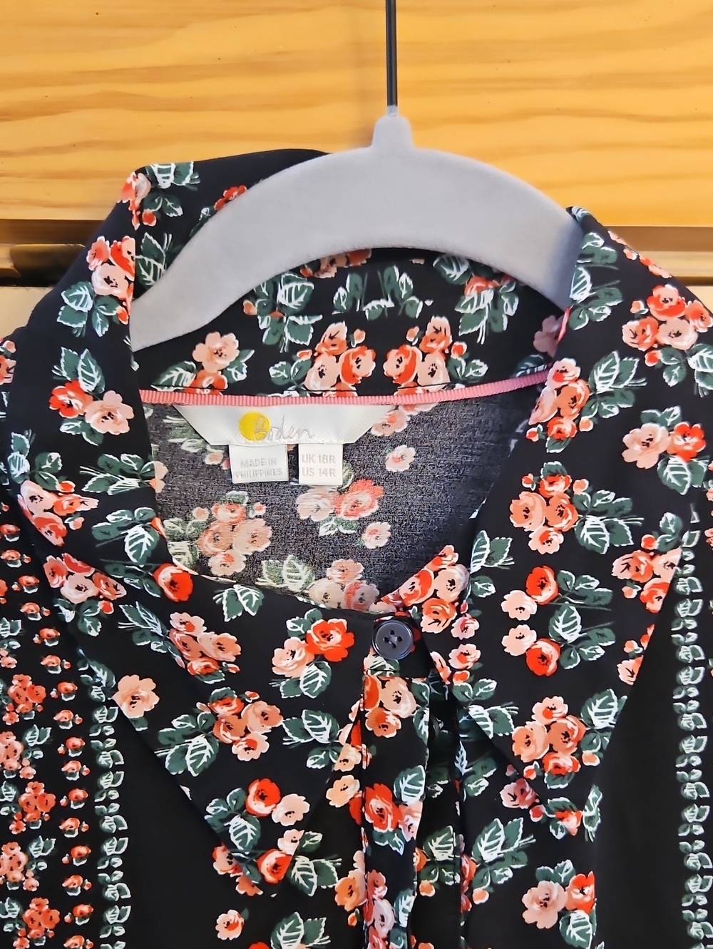 Black Long-Sleeve Floral Button Dress with Pink and Coral Blooms